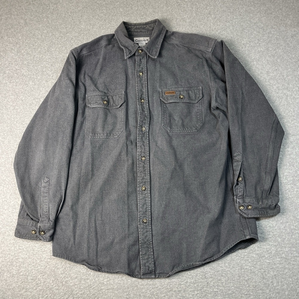 Carhartt Shirt Mens Large Gray Flannel Heavyweight Button Up Cotton Workwear LS